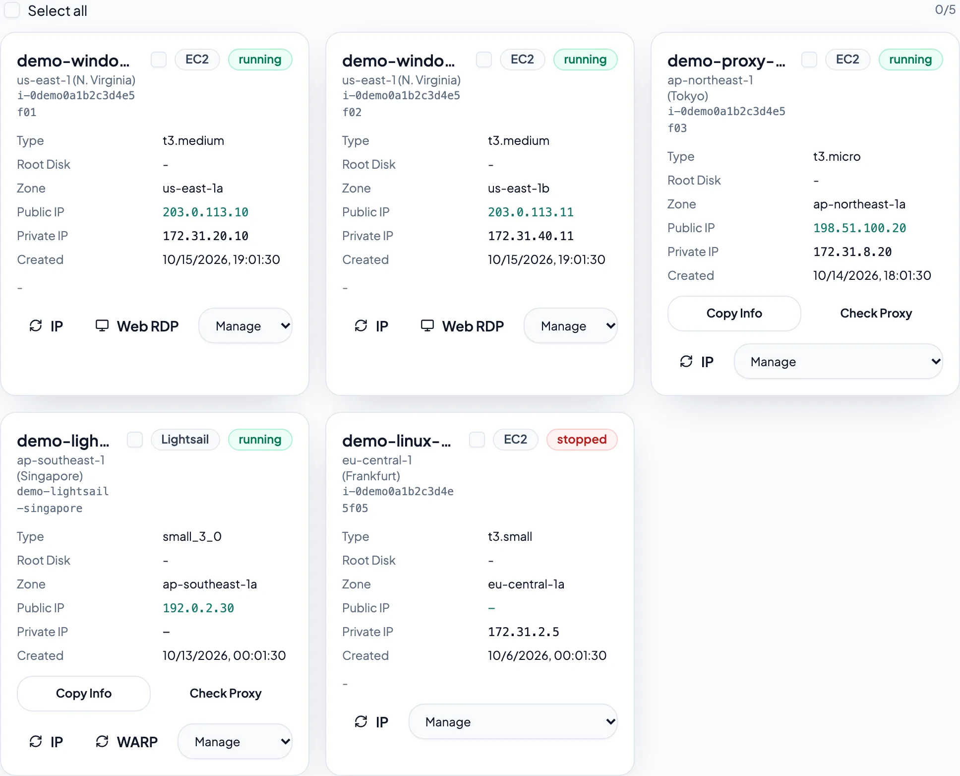 The IP, Web RDP and Manage controls on each instance card cover everyday operations (demo data).