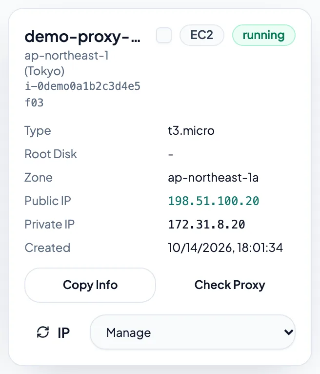 Linux instances with a proxy show Copy info and Check proxy (demo data).