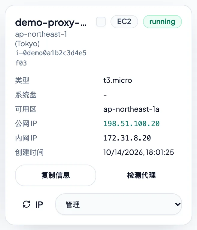 安装了代理的 Linux 实例会显示「复制信息」和「检测代理」（演示数据）。
