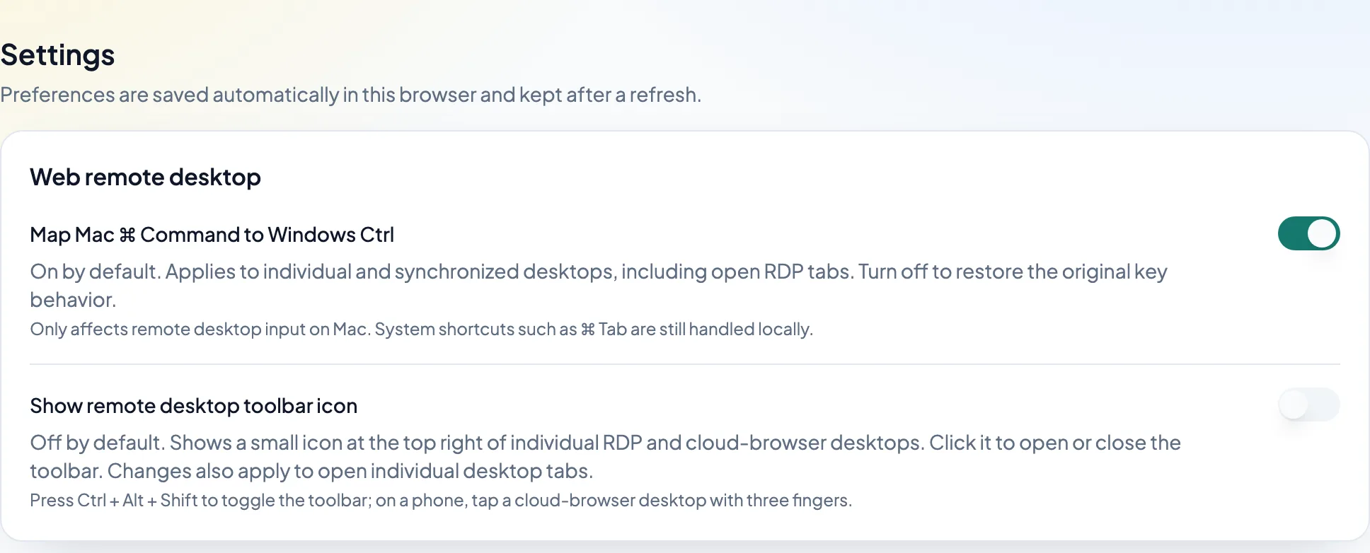 Settings → Web remote desktop: Command key mapping and the remote desktop toolbar icon.